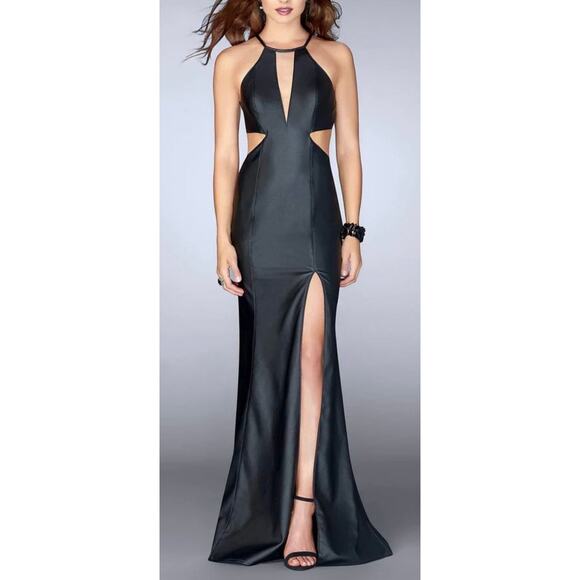NWT La Femme Vegan Leather Open Back Cut Out Maxi Gown Dress Size 8